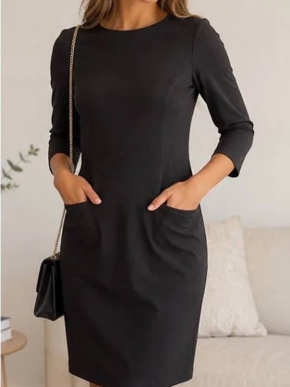 J. McLaughlin Classic Black Midi Dress with 3/4 Sleeves Front Pockets Size M